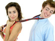 couple with woman pulling on man's tie