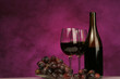 horizontal of wine bottle with glasses and grapes