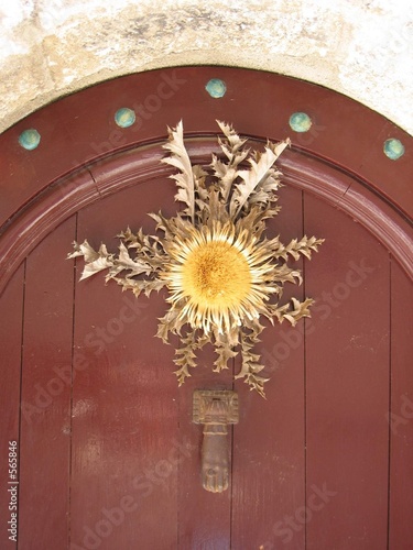 porte en bois fleurie avec heurtoir