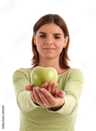 Foto: stock photo of a young woman holding green apple stock photo of a young woman holding green apple