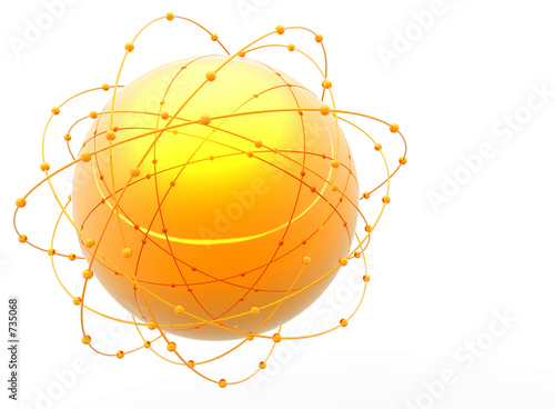 shiny yellow globe orbited by red particles