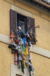 soft-toys hanging out of a window