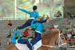 horse vaulter team performing