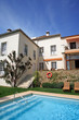 luxury rustic hotel and swimming pool in countryside