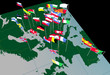european flags on map (west view)