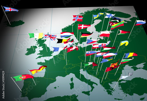 european flags on map (south view)