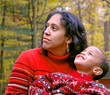 mother and son looking to the future