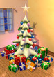 big fir tree with star and presents in a room