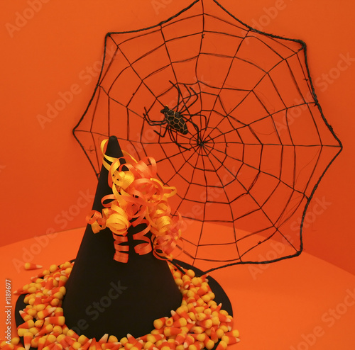 Photo: spider web, witch's hat, and candy corn spider web, witch's hat, and candy corn