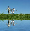 family on herb under blue sky