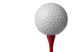 golf ball on red tee, white background