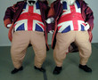 two obese people wearing union jack waistcoats