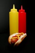 hot dog with ketchup and mustard bottles