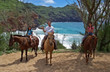 dad with daughters on horseback by a cove