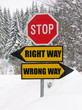 right and wrong way road sign in nature