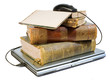 laptop and old books with path laptop and old books with path