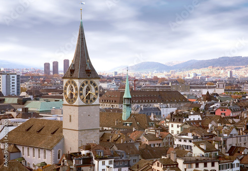 zurich skyline with tower clock