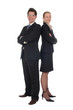businesswoman and businessman, standing back to ba