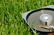 hard disk drive in green grass