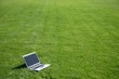 silver laptop on green grass silver laptop on green grass