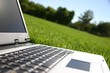 silver laptop on green grass silver laptop on green grass