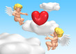 cupids playing with a big red heart in sky
