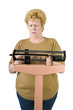 woman checking her weight on scale with path