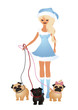 christmas girl and three pug dogs
