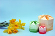 easter eggs, gift boxes and daffodils