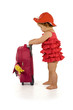 Images : baby girl in red dress with a purple bag