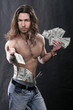beautiful young the man with a naked  many dollars