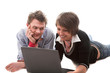 loving couple talking near notebook