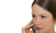 young woman with mobile phone on white background