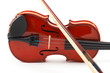 violin with bow lying side down on white backgroun