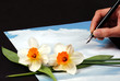 piece of sky paper with flowers and pen in hand