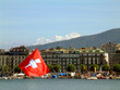 geneva switzerland with mont blanc and swiss flag