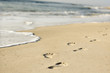 Coastline with footprints and waves.