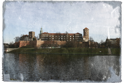 old colored postcard of castle on river in krakow
