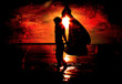 red grudge background with woman on beach
