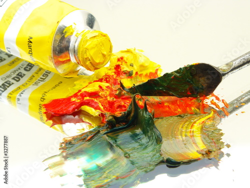 peinture à l'huile, jaune, rouge, vert, couteau, t
