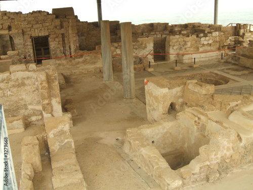 interior of ancient rooms in caesarea in israel.