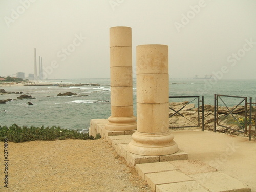 romans columns in the port of caesarea in israel romans columns in the port of caesarea in israel