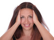 smiling woman touching head smiling woman touching head