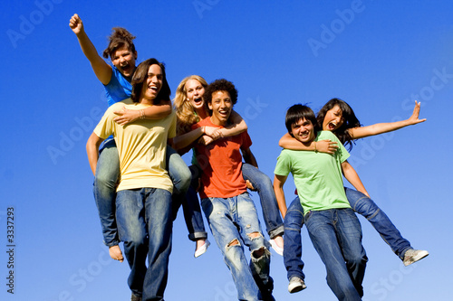 happy youth group, piggyback fun