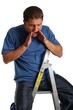 Man shouts down from ladder Man shouts down from ladder