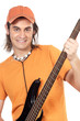 young boy with electrical guitar a over white background