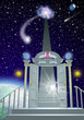 Above planet a doorway leads to stairs going into starry sky