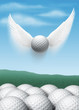 Golf ball with wings flying up into sky above regular golf balls