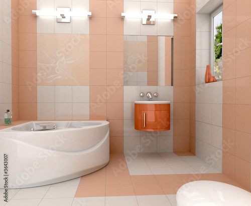 3D rendering of a modern bathroom with in white and orange