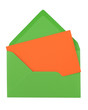 blank orange card in a green envelope isolated on white